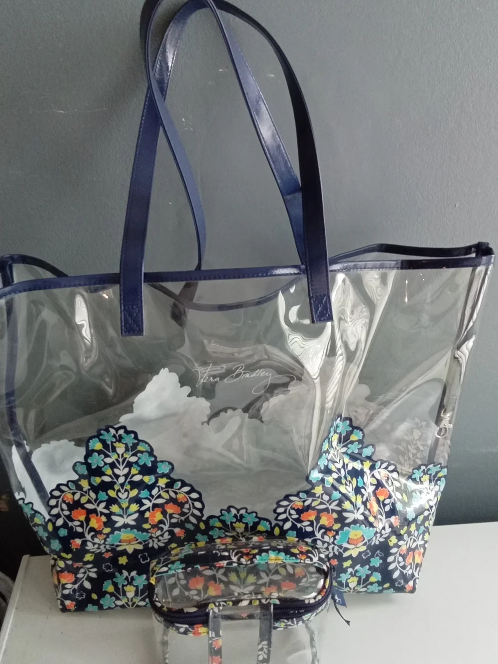 Vera Bradley Clear Floral Medallion Tote Bag and Pouch Set Stadium Approved Navy